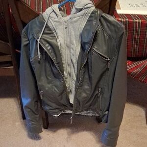 Gray Leather Jacket with Hoodie